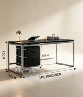 Bureau d'ordinateur industriel moderne avec armoire à 3 tiroirs, plateau en bois noir, structure en métal brossé, pieds ouverts, portable pour bureau à domicile