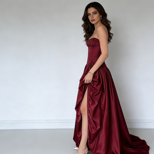 Robes maxi pour femmes, élégantes et romantiques, formelles, à col cœur sans bretelles, corsage en satin, fente haute, traîne en <span class=keywords><strong>A</strong></span> - Product Image 2