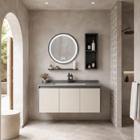 Meuble-lavabo mural pour projet hôtelier, en aluminium étanche, avec vasque en pierre frittée, miroir LED rond et étagère