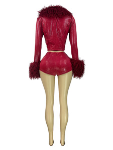 Viviblook Z1230ST05 Ensemble deux pièces pour femme, style décontracté et élégant, avec cardigan court en patchwork de fourrure et élastique, et short, grande taille, respirant - Product Image 4