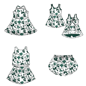 Completo coordinato personalizzato per fratelli e sorelle: Top senza maniche verde con fiocco e gonna a mezza gamba, <span class=keywords><strong>pantaloncini</strong></span> da yoga, abbigliamento sportivo carino - Product Image 1