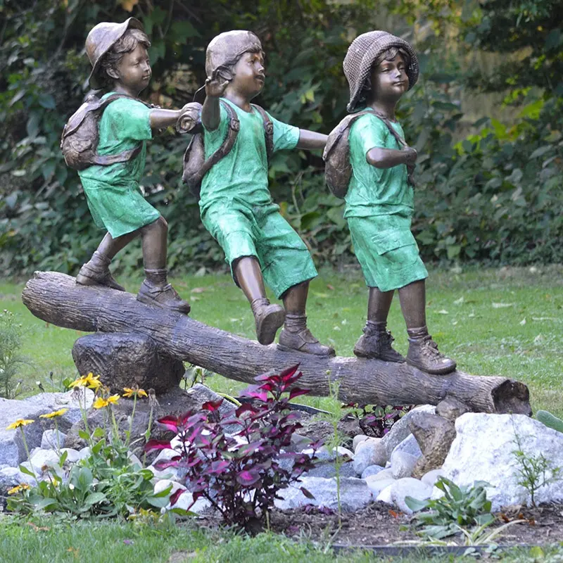 Estátua de bronze em tamanho real para crianças, decoração de jardim ao ar livre, escultura em bronze para árvores e crianças