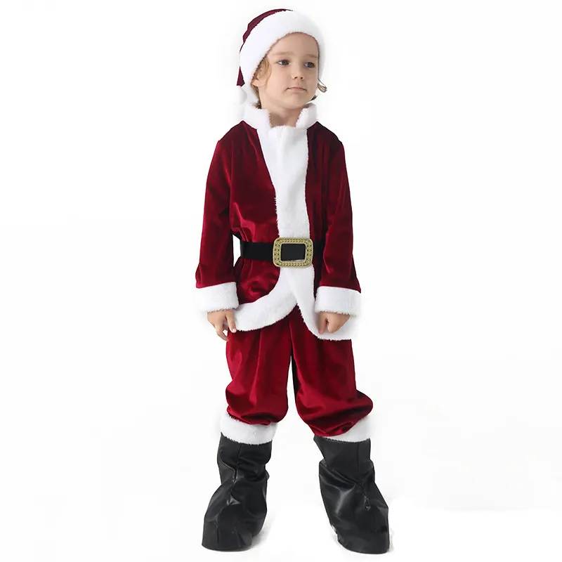 Kid's Red Santa Claus Hat Christmas Cosplay Costume Suit Velvet Dress For Boys Girls Party Dress Up