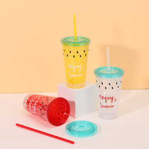Trendy 450ml Red Yellow Clear Three Shades Watermelon Design Double Wall <b>Plastic</b> Straw Cup with Green Rim Lid for Kawaii Girls - Product Image 6