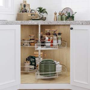 Organisateur d'angle rotatif à double niveau pour armoire, réglable en hauteur pour cuisine et garde-manger, finition chromée - Product Image 6