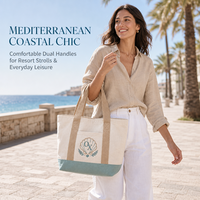 Sac fourre-tout en toile brodé personnalisé motif coquillage, sac à main bateau tricolore avec poche avant pour la plage, les vacances et les voyages