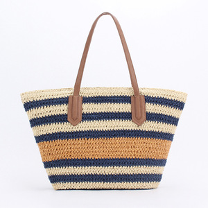 Sac à bandoulière rayé en PU tressé, polyester, deux sangles, fermeture éclair, tissé à la main, plage, vacances, loisirs, tendance transfrontalière, grande taille, Tanjing - Product Image 6