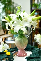 Vase en verre soufflé à la main avec bord festonné, vase décoratif rose et vert pour centre de table