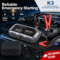 Boîte de démarrage d'urgence K3 12000mAh et démarreur de voiture, 800A-1000A 140PSI Li-polymère avec pinces de protection de sécurité intelligentes