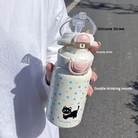 Gobelet double à boire en acier inoxydable pour chaton, motif à pois, style princesse mignon pour étudiant, gobelet à paille de haute qualité