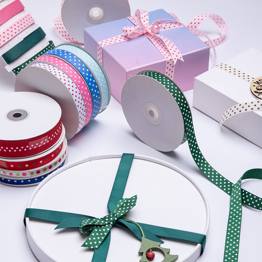100 Yards Per Roll Custom Wholesale Gift Packing Grosgrain Ribbon Dots Printed Colorful Print 12mm for Gift Wrapping 100yards