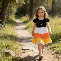 Robe décontractée à volants pour filles, color block, manches courtes bouffantes, boutonnée sur le devant, ourlet en dentelle, tenue printemps-été pour enfants