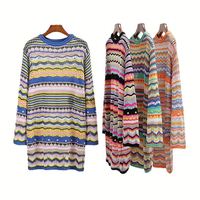 M0578 Rajutan Wanita Kerah Bulat Motif Garis Pelangi Model Panjang Sedang Sweater Wanita Lengan Panjang Gaun Rajutan