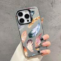 Schöne Farbige Feder-Druck Galvanisch Versilberte Schlüssel-TPU-PC-Handyhülle für iPhone 12 13 14 15 16 17 18 Pro Max