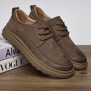 Men's Genuine Leather <b>Round</b> <b>Toe</b> Walking Shoes Low <b>Heel</b> Anti Slip Rubber Outsole Casual Business Style - Product Image 1