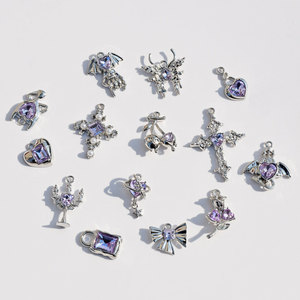 Colgante de aleación de diamante morado con forma de corazón, cruz, alas y lazo, accesorio de joyería para bricolaje, para pendientes, pulseras y collares de mujer - Product Image 3