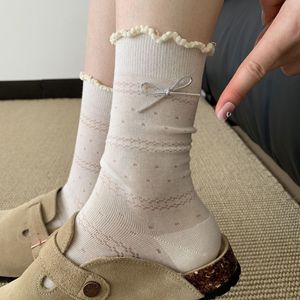 Women's Slouch <b>Socks</b> Milky White Bow Knotted Breathable Mid Calf <b>Socks</b> For Youth Sweet Style - Product Image 1