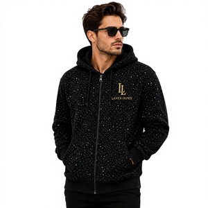 Sweat à capuche zippé personnalisé pour homme avec strass, noir, entièrement zippé, haut de gamme, streetwear décontracté, mode, vente en gros - Product Image 1