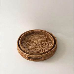 Eco-Friendly Autumn Rattan Woven Round <b>Tray</b> Set of 2 Versatile Food Serving Platter for Coffee <b>Table</b> Kitchen Storage - Product Image 4