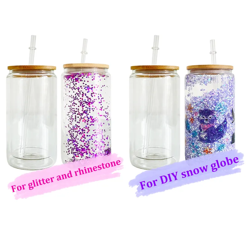 12oz blank sublimation BPA free snow globe fit 3mm glitter Beer Can Glasses double wall iced coffee glass can For DIY printing