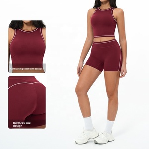 Ensemble <span class=keywords><strong>de</strong></span> <span class=keywords><strong>yoga</strong></span> et fitness pour femmes avec logo personnalisé, effet seconde peau, soutien élevé, soutien-gorge <span class=keywords><strong>de</strong></span> sport et short, surpiqûres contrastées, 2 pièces, <span class=keywords><strong>tenue</strong></span> <span class=keywords><strong>de</strong></span> sport pour la gym - Product Image 2