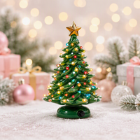 Best Choice 15 Zoll Keramik-Weihnachtsbaum, vorbeleuchtet, handbemalt, Tisch-Weihnachtsbaum, 2-Sterne-Spitzen, 64 Lichter, beflockt
