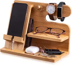 Customize Craft Gift Bamboo Wood Phone Holder Nightstand Desktop Wooden Phone Docking Station with Key Holder