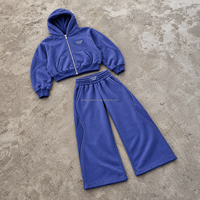 Ensemble sweat à capuche bleu zippé et pantalon de survêtement large pour homme avec détails de coutures incurvées, design streetwear, OEM ODM