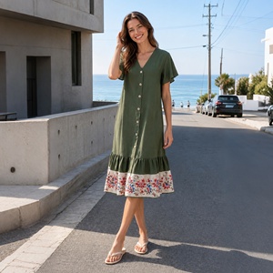 Vestido verde bosque de mezcla de lino para mujer, cuello en V, con botones, manga con volantes, estampado, dobladillo, midi, largo - Product Image 6