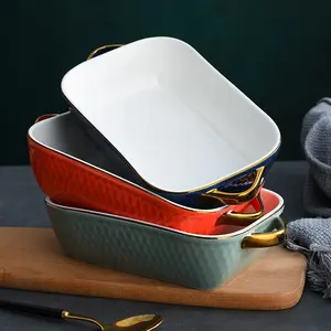 Northern European Rectangle Oval Shape Ceramic Bakeware With Double Handle Microwave Oven plate