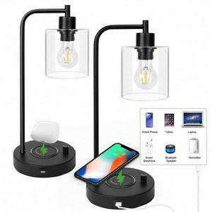 Lámpara de noche de carga inalámbrica para teléfono móvil, características de atenuación de carga USB, lámpara de mesa de cristal para sala de estar de plástico europea de EE. UU. - Product Image 5