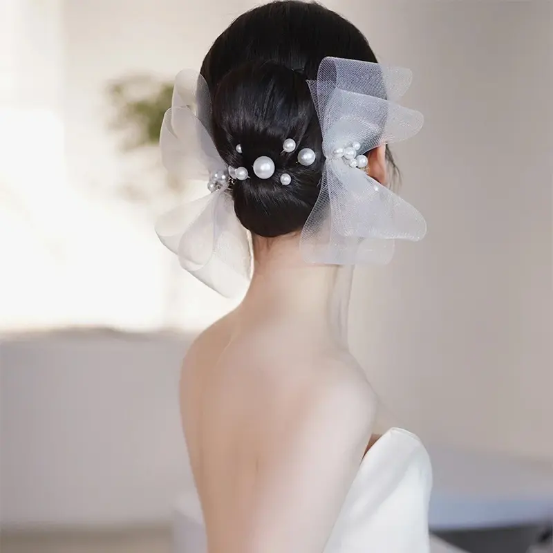 White Bow Hairpin Net Gaze Fita Pérola Enfeites De Cabelo Noiva Casamento Tiara Temperamento Menina Dama De Noiva Decoração De Cabelo