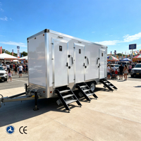Remorque toilettes mobiles à 3 portes avec cadre en acier antirouille, roues et marches d'entrée pliables, idéale pour la location événementielle (jardin, mariage)