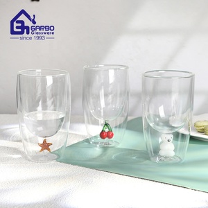 Bicchiere da Caffè in Vetro Borosilicato a Doppia Parete da 340ml, Forma di Uovo, Fatto a Mano, con Simpatici Cartoni 3D di Stelle, Ciliegie e Polari - Product Image 1
