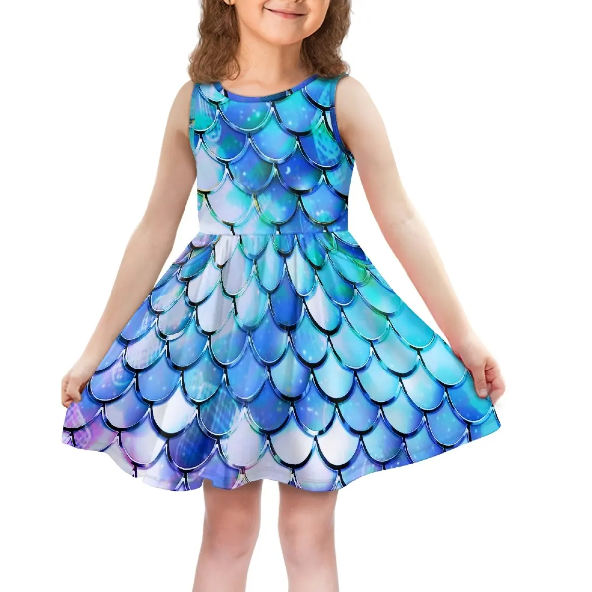 Vestido de chaleco con diseño de escamas de pescado de dibujos animados para niñas, estilo bonito, vestido de fiesta para niños pequeños, minivestidos para niños, POD, vestidos personalizados