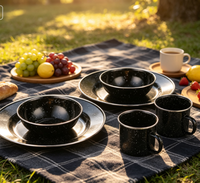 Ensemble de vaisselle en émail pour le camping en plein air - 6 pièces, assiettes, bols et tasses légers et non toxiques pour le barbecue et le pique-nique avec logo personnalisé