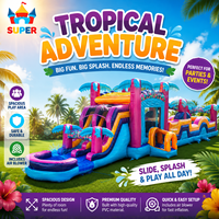 Super Château Gonflable Commercial de 19 m (62,3 pieds) Teal Rippling Rush Combo, Parcours d'Obstacles / Jeu, Château de Saut, Maison de Rebond pour Location