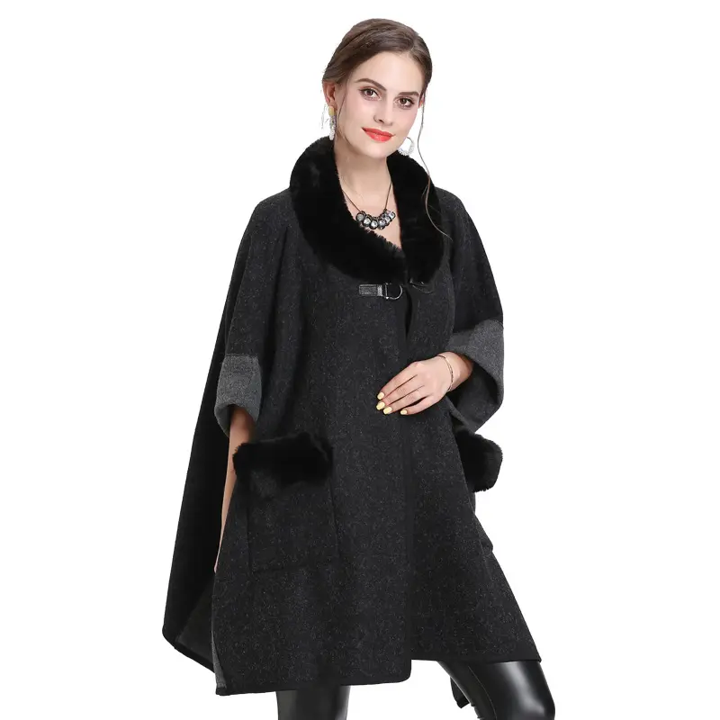 New large size loose fox fur collar color matching round neck pocket knitted cardigan shawl