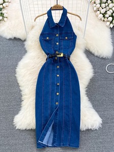 2026 Sommer Neuer Stil Französisches Retro-Hofkleid Hochgeschnittenes Figurbetontes Ärmelloses Jeanskleid Langes Kleid für Damen - Product Image 6