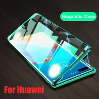 Metal manyetik çift taraflı cam telefon kılıfı için Huawei P40 P30 P20 Mate 20 30 Pro telefon kapak için Huawei P20 p30 Lite Flip Case