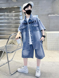 Ensemble d'Été Tendance pour Garçons, Vêtements <span class=keywords><strong>en</strong></span> <span class=keywords><strong>Jean</strong></span> avec Lettres, <span class=keywords><strong>Chemise</strong></span> à Manches Courtes et Short, Deux Pièces - Product Image 6
