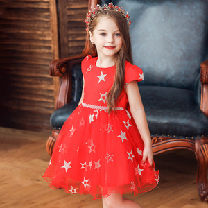 Vestido de tul bordado con estrellas rojas para niñas, vestido de princesa con cuello redondo y corte en A, verano 2019 - Product Image 1
