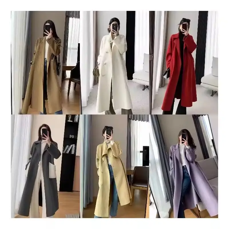 Mesdames élégantes en vrac personnalisées manteaux d'hiver en mélange de fourrure coréenne manteau de laine cachemire fait à la main long manteau de laine pour les femmes