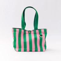 Tas Tote Kanvas Bergaris Bordir Monogram Kustom Grosir, Tas Bahu Pantai Travel Kapasitas Besar untuk Wanita