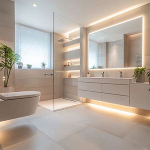 Modern Rectangle <b>Bathroom</b> Vanity with Mirrored Cabinet MDF Construction Stone Top LED <b>Lighting</b> Custom Size Luxury Finish - Product Image 1