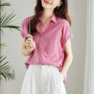 Chemise en coton pour <span class=keywords><strong>femme</strong></span>, manches courtes, été, nouvelle mode jeune, haut décontracté chic en coton - Product Image 2