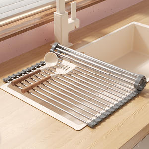 Égouttoir de cuisine pliable en acier inoxydable ovale moderne avec support en silicone pour bols et baguettes - Product Image 5