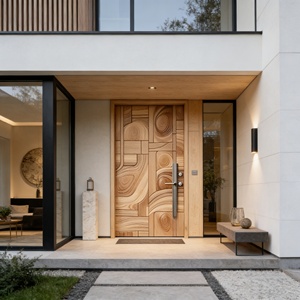 Puerta de Entrada Exterior de Madera Maciza Tallada, Puerta de Seguridad de Lujo Hecha a Mano para Villa y Exteriores Residenciales - Product Image 5