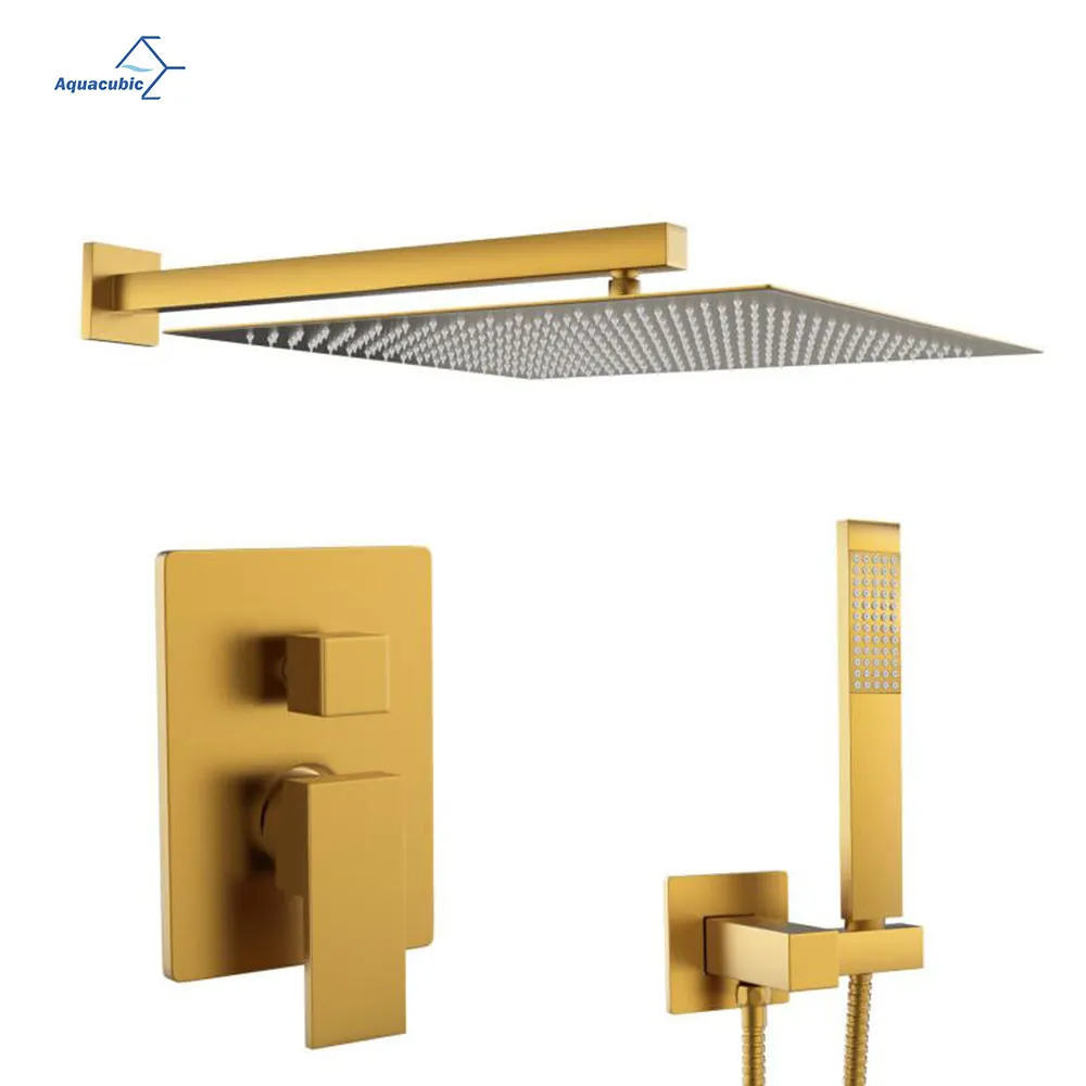 Aquacubic 12 Inch Wall Mounted Dual Handle Shower Set Contain Shower Faucet Mixer and Brush Gold Trim Kit
