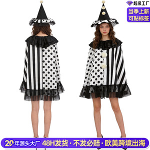 Cape de sorcière noire et blanche Harley Quinn avec chapeau, Costume de Cosplay pour fête d'halloween, tenue de jeu de rôle - Product Image 3